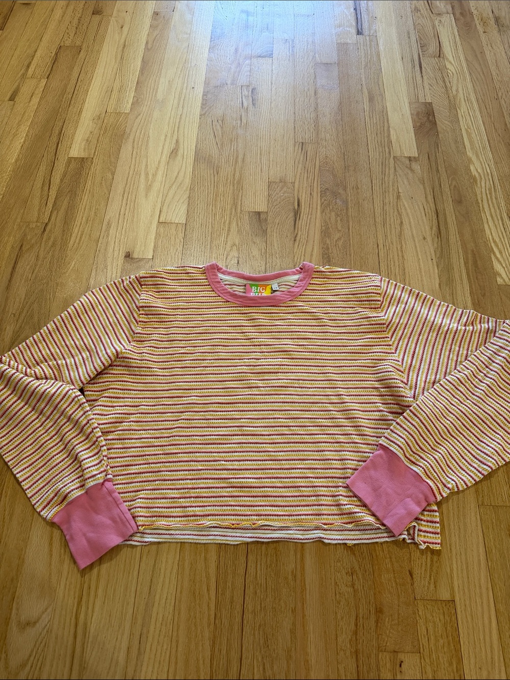 Big Bud Press Cropped Pink Yellow Striped Long Sleeve Thermal Sz XL